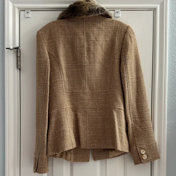 Zara 2000s Y2K Tweed Tan Blazer Faux Fur Collar Wool Blend Women’s 6 Academia - Picture 5 of 10